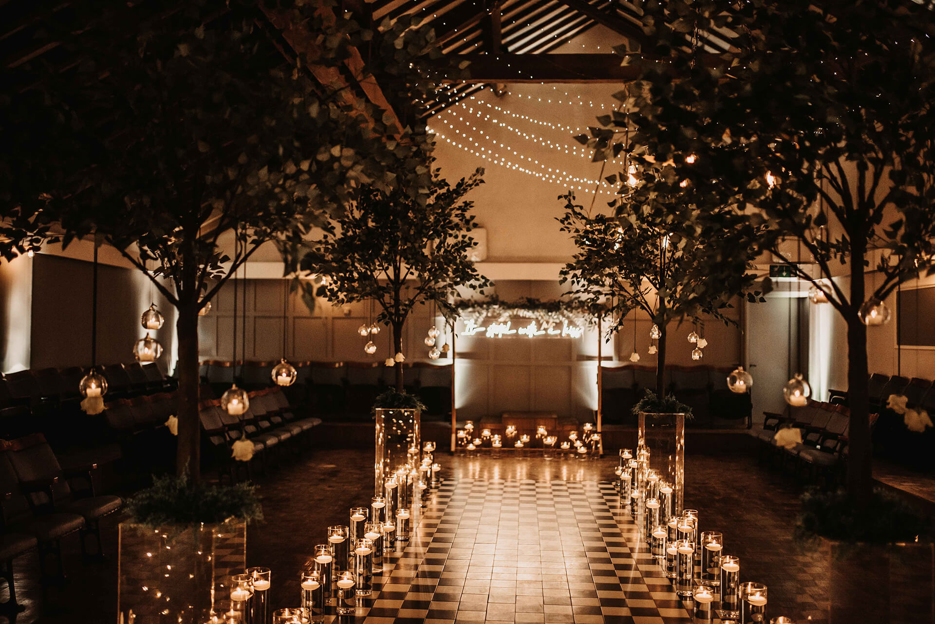 Beautiful candlelit wedding ceremony room